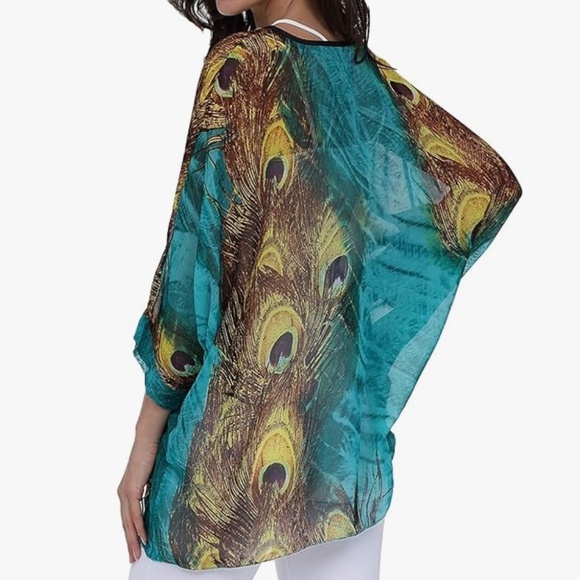 BUY 2 ITEMS GET 1 FREE - Sheer Chiffon Blouse in Peacock Design, OS - Picture 3 of 8